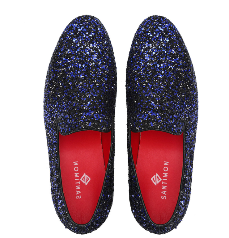 Santimon Men's US 7.5-12 Blue Sequins Glitter Smoking Loafers Casual Shoes