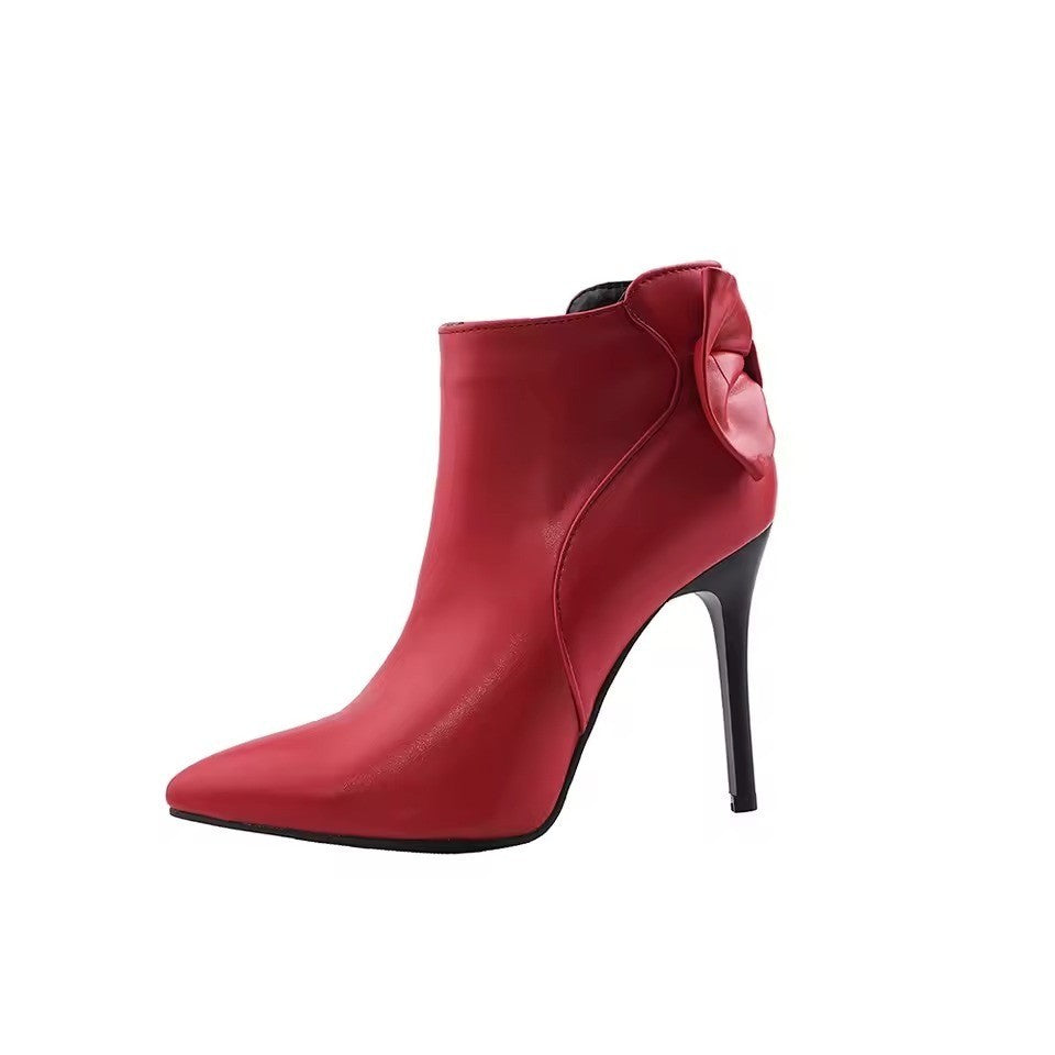 Women's US 10 Red Pointed Toe Zip Ankle Stiletto High Heel Boots with Bow