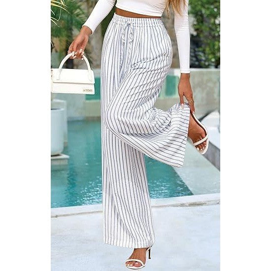 MSRP $38 PRETTYGARDEN Women's M Stripe Blue White Pants Elastic Waist Lightw