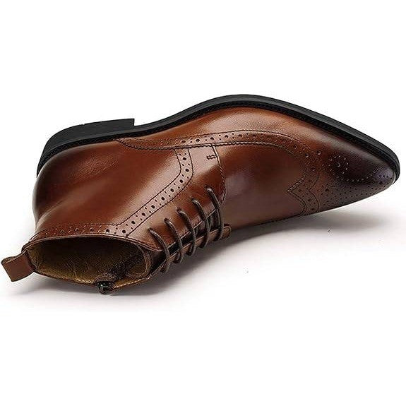 Santimon Men's US 9 Brown Wingtip Pointed Toe Lace Up Ankle Dress Boots Side Zip