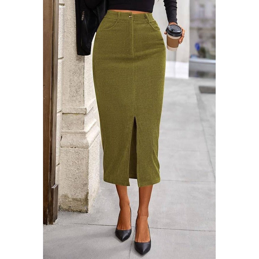 MSRP $45 PRETTYGARDEN Women's 10 Corduroy Skirt High Waisted Pencil Midi Skirt