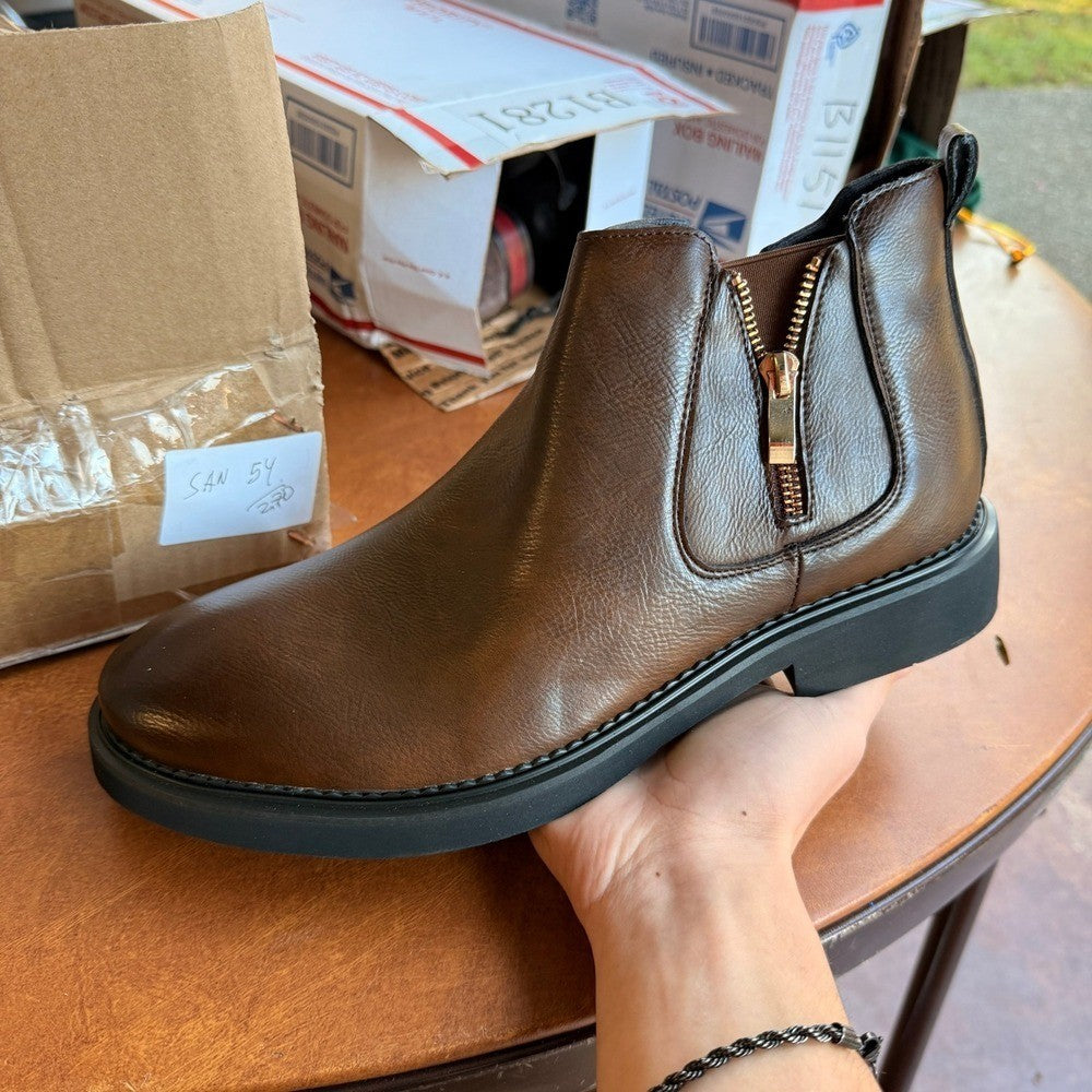 Santimon Men's US 9.5 Brown Leather Double Side Zipper Casual Dress Ankle Boots