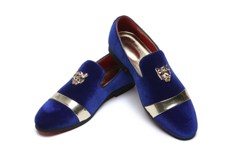 Santimon Mens US 7-11 Blue Velvet Loafers Golden Animal Buckle Slip-On Shoes