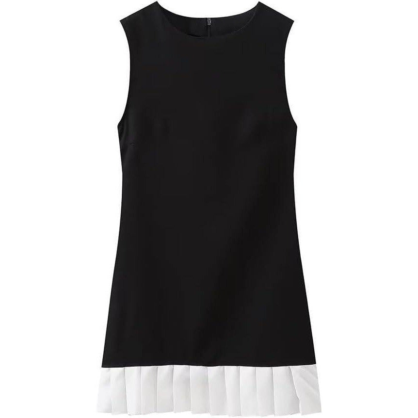 MSRP $38 Suillty Women's M Elegant Splicing Pleated Mini Dress Fashion Round