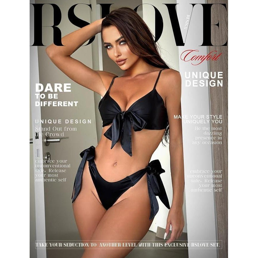 MSRP $36 RSLOVE Women's L Black Sexy Lingerie Set Satin Bow Tie 2 Piece Bra