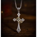 Mens Cross Necklace Silver Tone w/ Gold Tone Crown Pendant Christian Jewelry