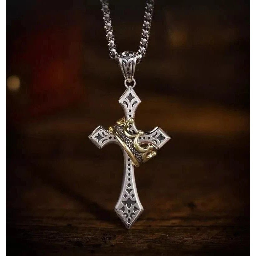 Mens Cross Necklace Silver Tone w/ Gold Tone Crown Pendant Christian Jewelry