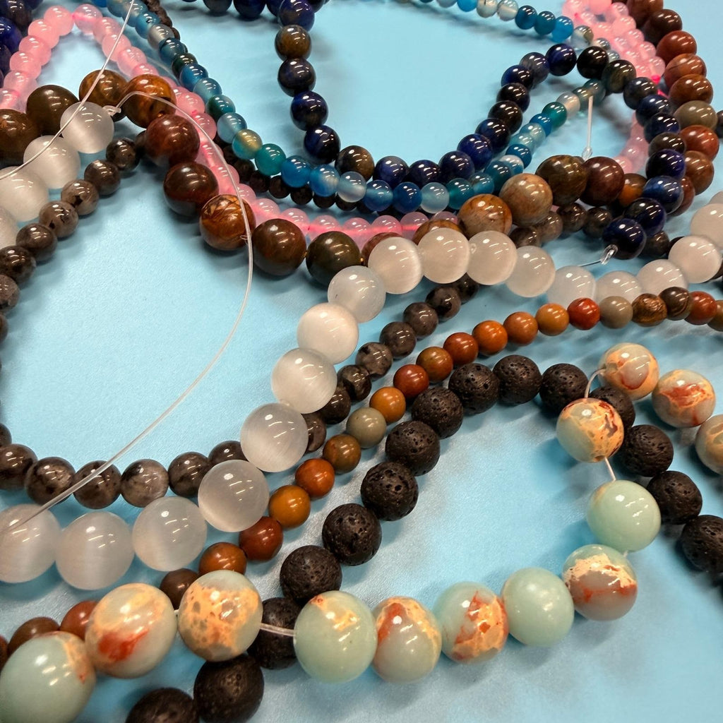 Set of 10 Natural Gemstone Round Beads Strands 15" Sizes 6,8,10 mm 11oz №B25