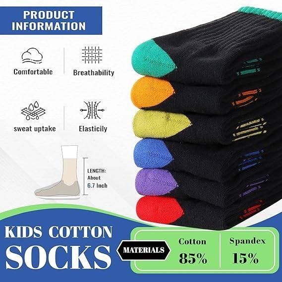 Set of 6 SeeyAN Kids Socks Black 9-12Y Boys Crew Athletic Half Cushioned Cotton