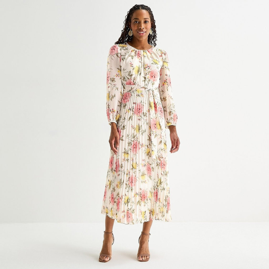 MSRP $89 Studio One Womens 6 Petite White Floral Maxi Dress Round Neck Long