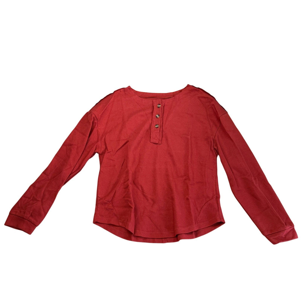 Women's M Red Drop Shoulder Waffle Henley Top Long Sleeve Button Pullover Casual