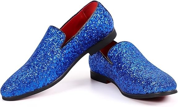 Santimon Men's US 8.5, 9.5 Blue Glitter Slip On Loafers Sequin Dress Shoes