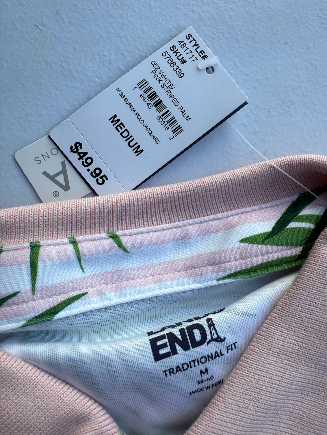 Lands End Mens Jacquard Polo Shirt M-XL Soft Supima Short Sleeve White/Pink Stri