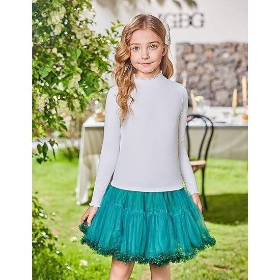 Set of 2 MSRP $26 Arshiner Girl's 11-12Y White Lettuce Trim Mock Neck Long Sleev