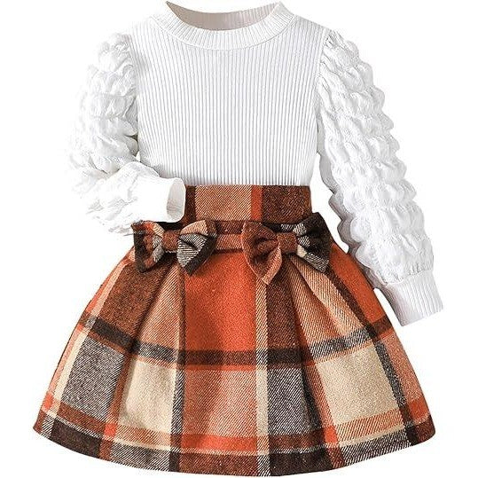 MSRP $25 Coaturi Girls 6Y Clothes Sets 2 Piece Puff Sleeve Tops Plaid Mini Skir