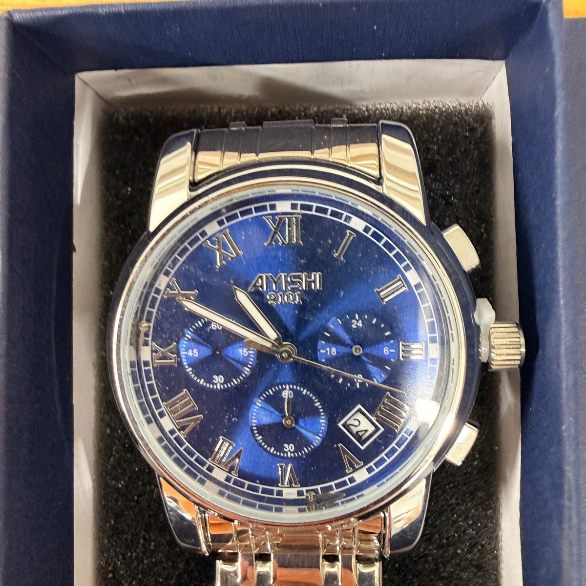 Dofia Xiaoya Aiyishi 9101 Men's Silver Stainless Steel Quartz Watch Blue Dial