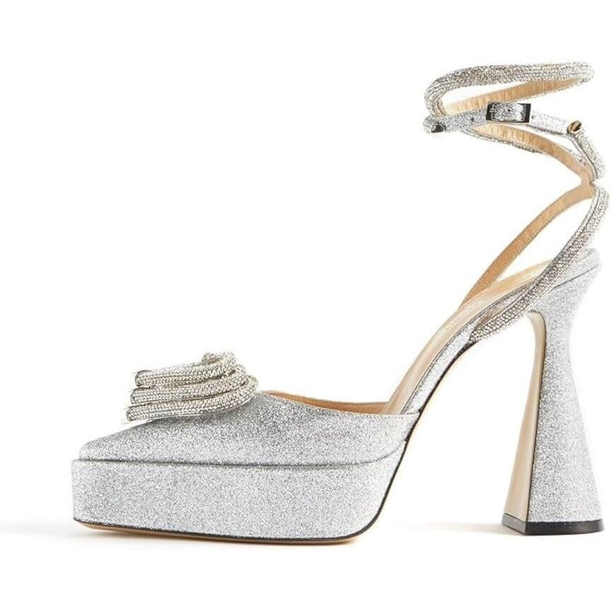 Women's US 7.5 Platform Heeled Sandals Crystal Heart Ankle Strap Pointed Toe Blo