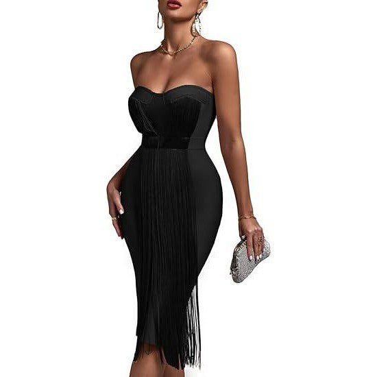 UONBOX Women's XL Black Strapless Elegant Tassel Tube Bodycon Bandage Dress
