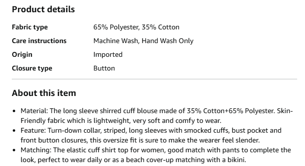 Women's Smocked Cuffed Striped Boyfriend Shirt with Pocket Casual Collar Long Sl