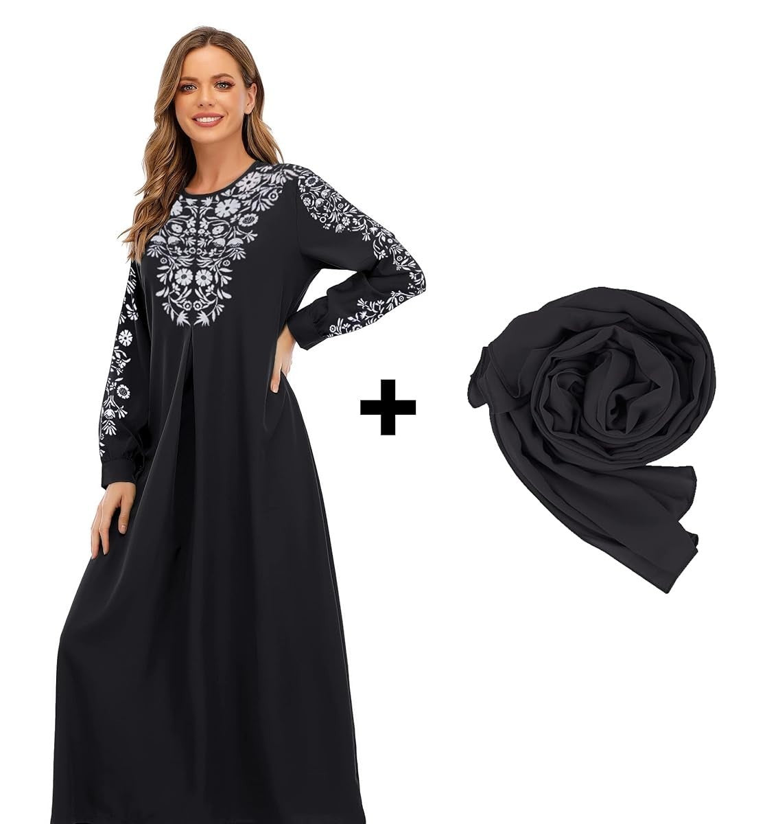 Abetteric Womens L-3XL Floral Printed Maxi Dress w/ Hijab Muslim Abaya Long Slee