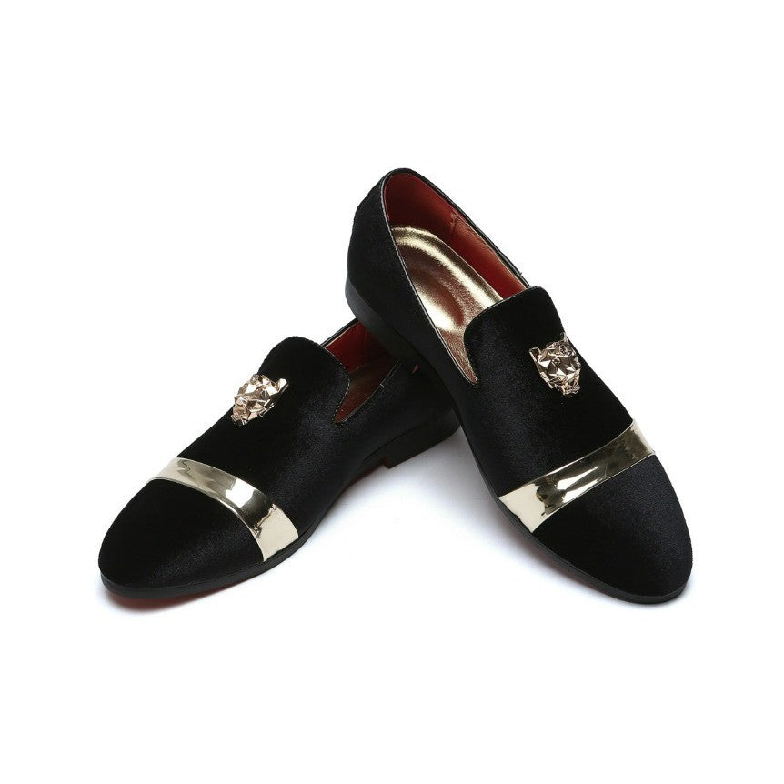 Santimon Men's US 6 Black Velvet Loafers Golden Animal Buckle Slip-On Shoes