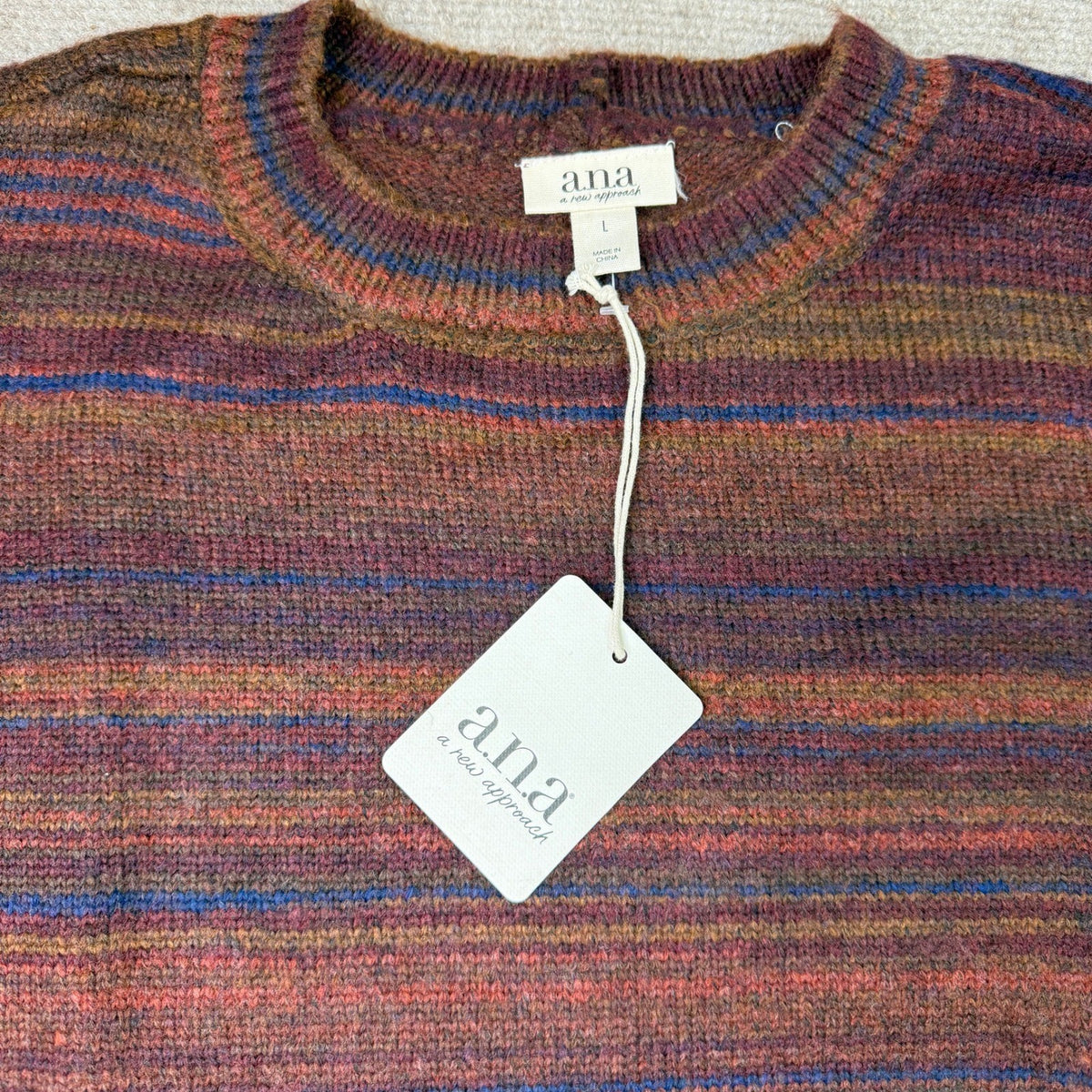 MSRP $38 A.N.A Womens L Multi Spacedye Striped Pullover Crew Neck Sweater Long