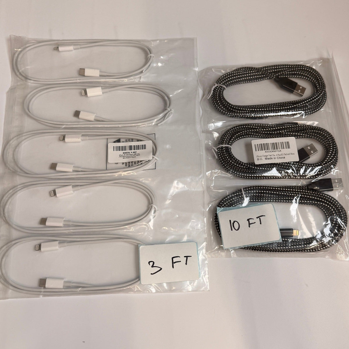 Lot of 8 Mixed USB-A & USB-C to Lightning Braided Fast Charging Cables 3ft 10ft