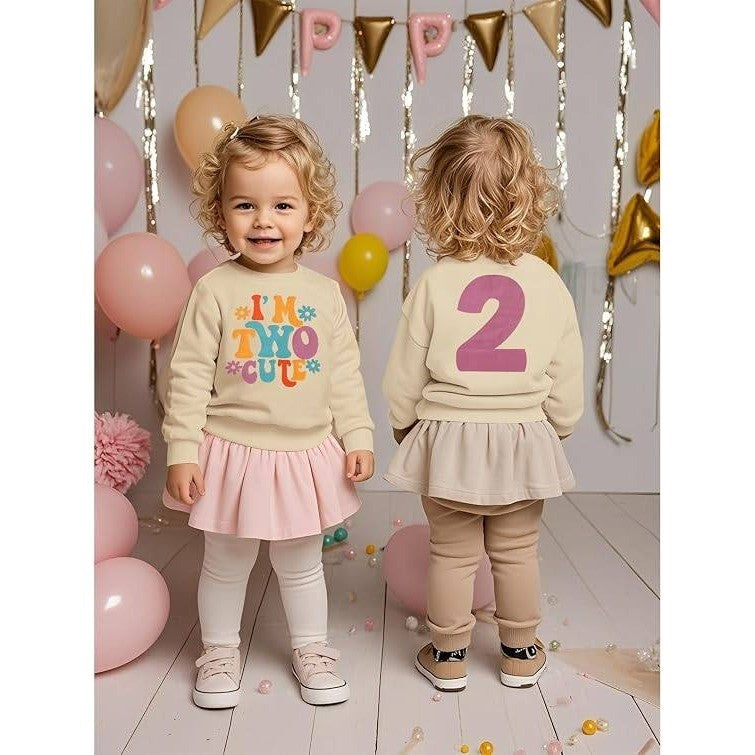 MSRP $20 KEKEMI Toddler Girl 2T Beige Birthday Sweatshirt I'M TWO CUTE Birthday