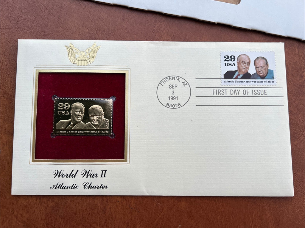 WWII Churchill Roosevelt Atlantic Charter 1st Day USPS 22KT Gold Stamp Set