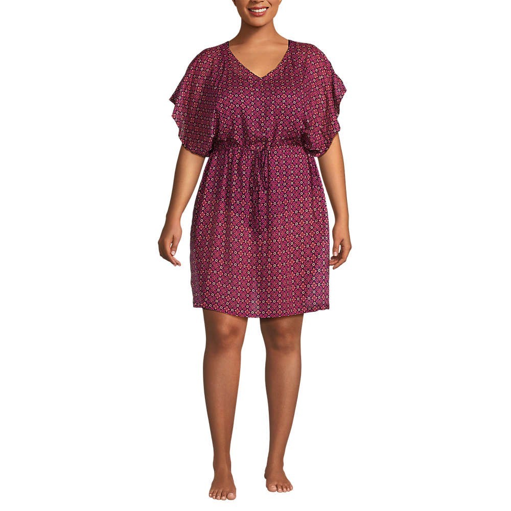 Lands End Womens L-1X LONG Sheer Oversized Short Sleeve Gathered Waist Swim Dres