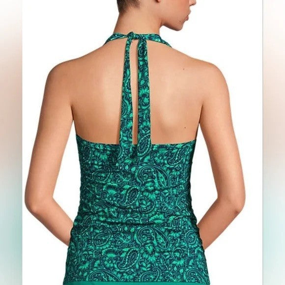Lands' End Women's 4 Halter Tied Navy/Emerald Paisley Tankini Top