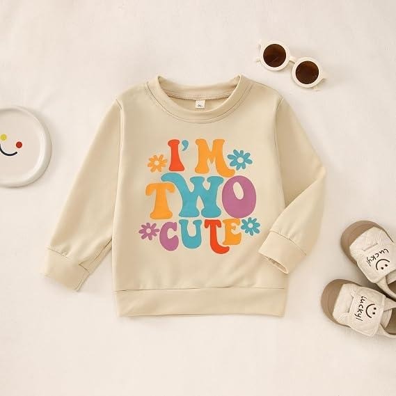 MSRP $20 KEKEMI Toddler Girl 2T Beige Birthday Sweatshirt I'M TWO CUTE Birthday