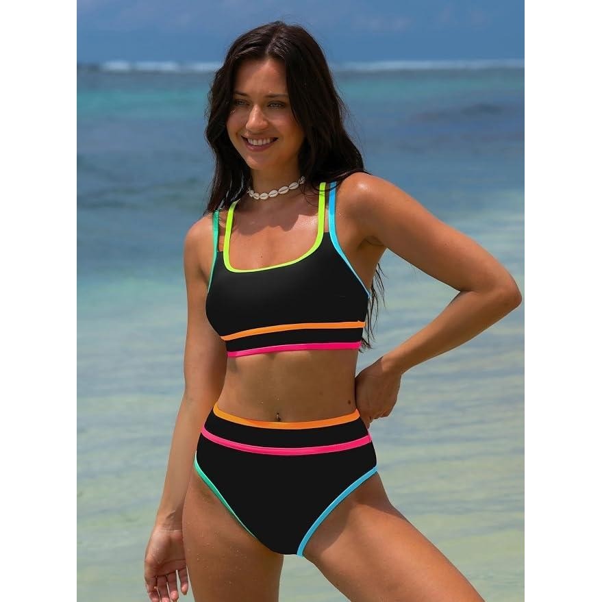MSRP $42 popvil Women's L High Waisted Bikini Set Neon Two Piece Swimsuit