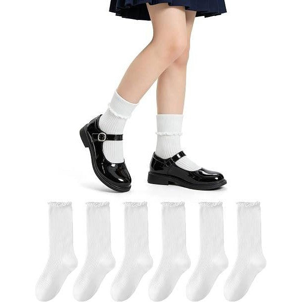 Set of 5 BISOUSOX Girls M 6-8Y White Ruffle Socks Cute Frilly Cotton Dress Sock