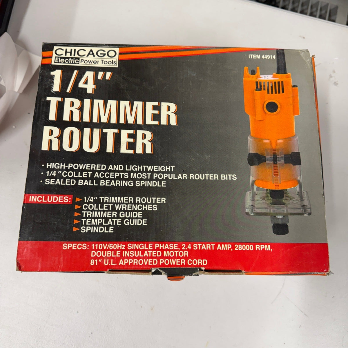 Chicago Electric 44914 28000 RPM 110V 1/4" Trimmer Router Kit Corded