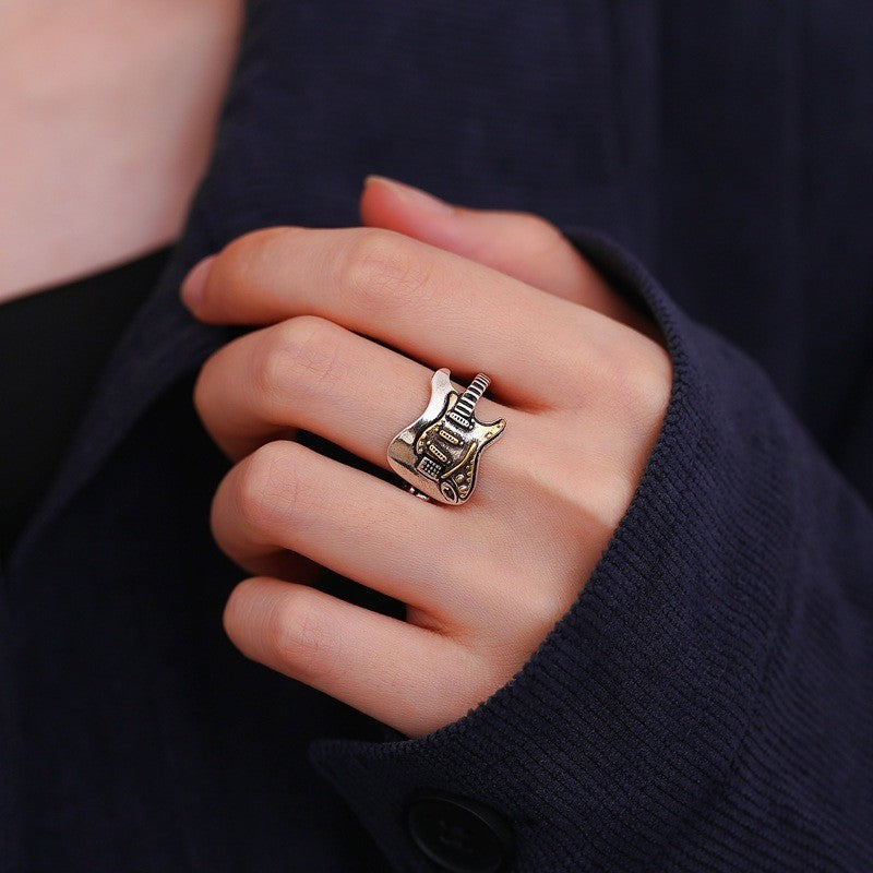 Rock Music Guitar Open Ring for Men Women Stainless Steel Size 8 Adjustable 7-9