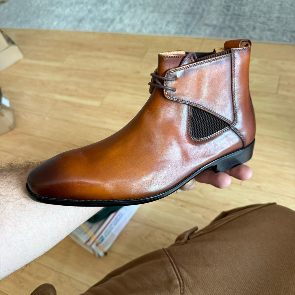 Santimon Men's US 7 Brown Leather Pointed Toe Lace up Chelsea Dress Chukka Boots