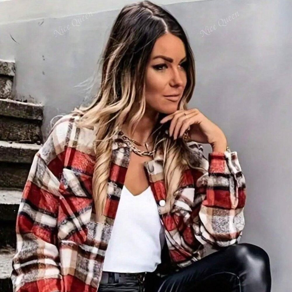 Women's XL Red Plaid Long Sleeve Shirt Jacket