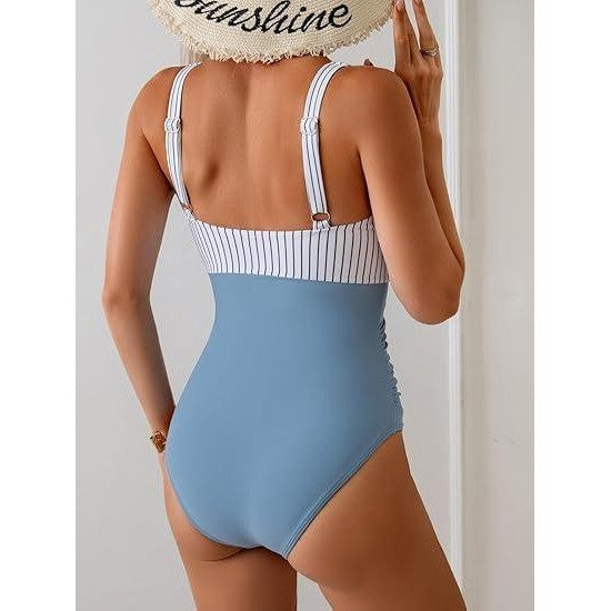 MSRP $49 Eomenie Women's M Gray Blue Striped One Piece Swimsuit Tummy Contro