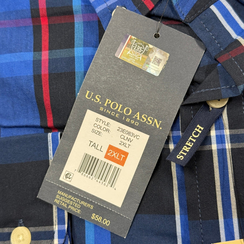 MSRP $58 U.S. Polo Assn. Mens 2XL Tall Classic Navy Plaid Button-Down Shirt Long