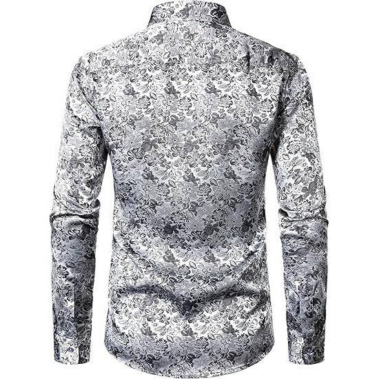 MSRP $42 ZEROYAA Men's S Silver Shiny Satin Rose Floral Jacquard Shirt Long