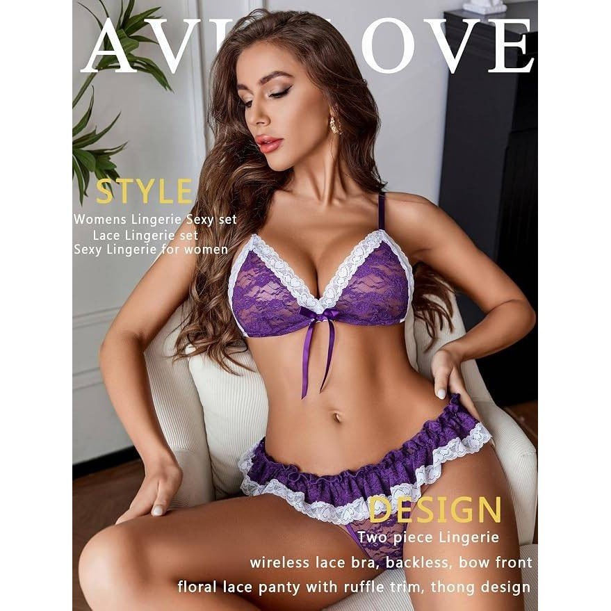 MSRP $35 Avidlove Women's M 2 Piece Sexy Lingerie Set Lace Bra and Panty Sheer