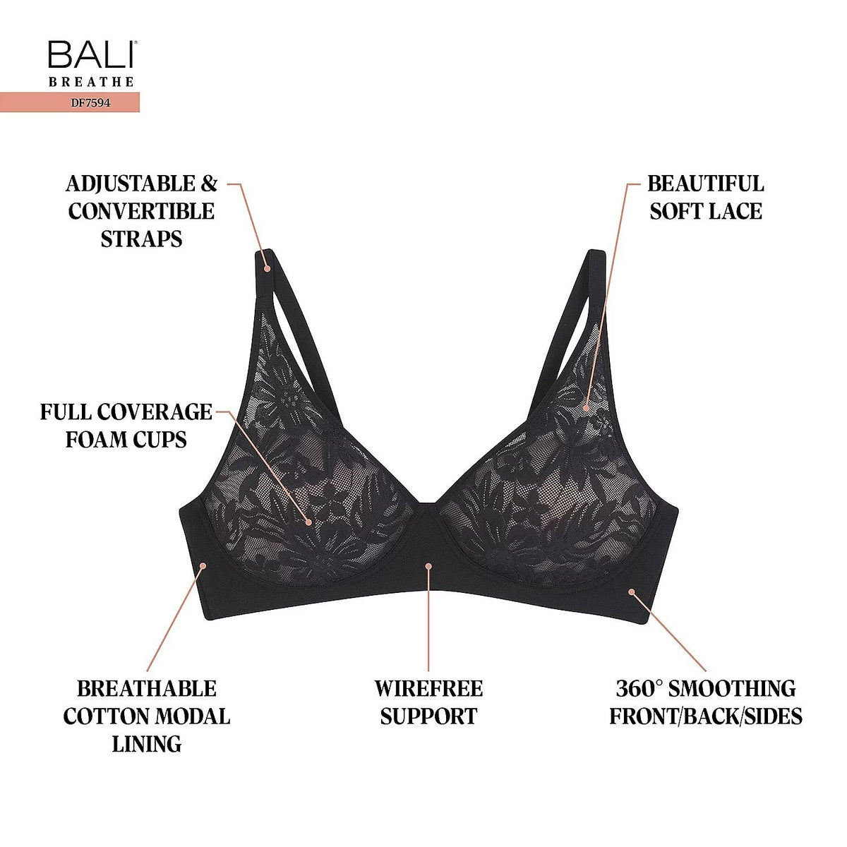 MSRP $48 Bali Breathe Womens 3XL Black Cotton Modal Wireless T-Shirt Bra DF7594