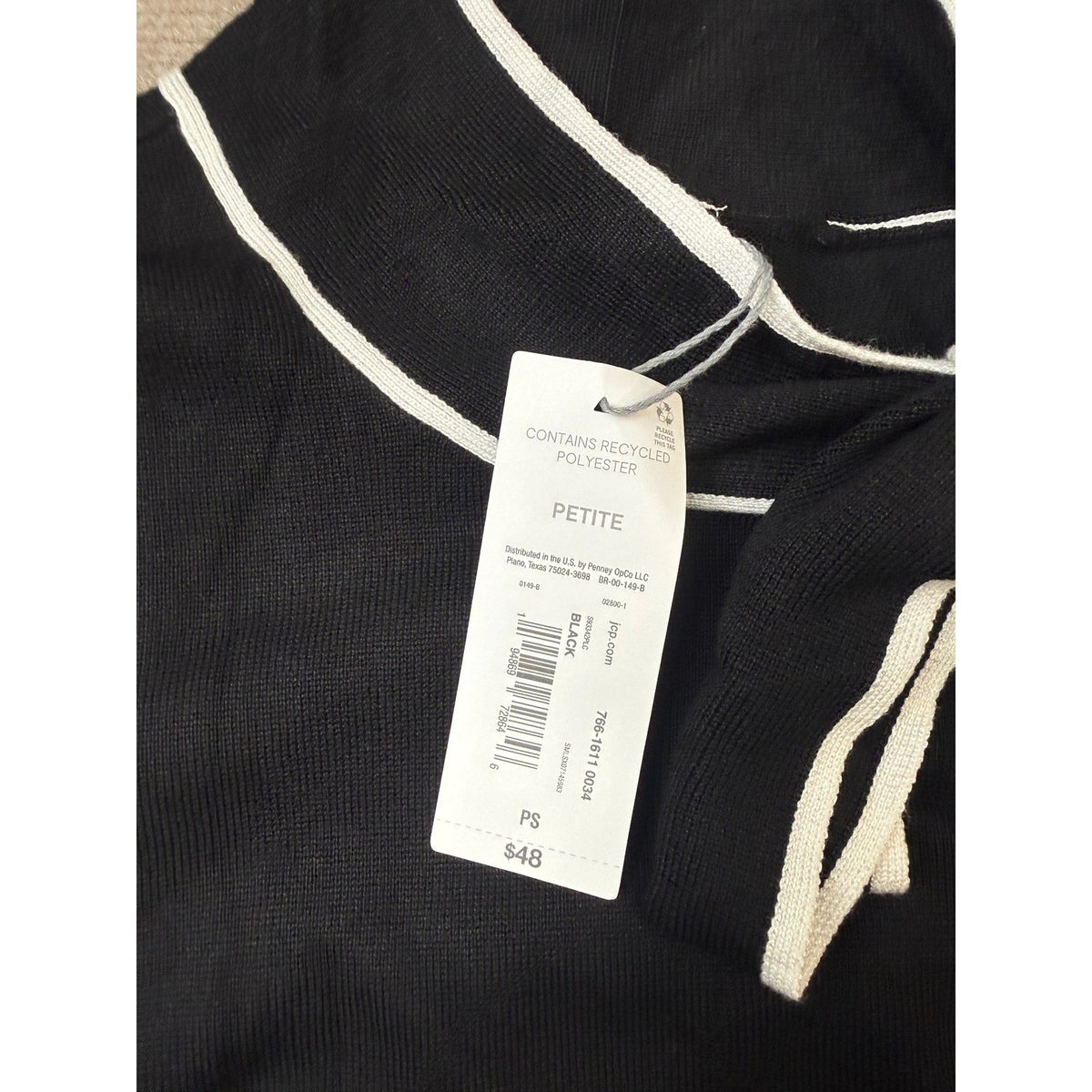 MSRP $48 Liz Claiborne Womens S Petite Black Split Tie Neck Pullover Sweater Lo