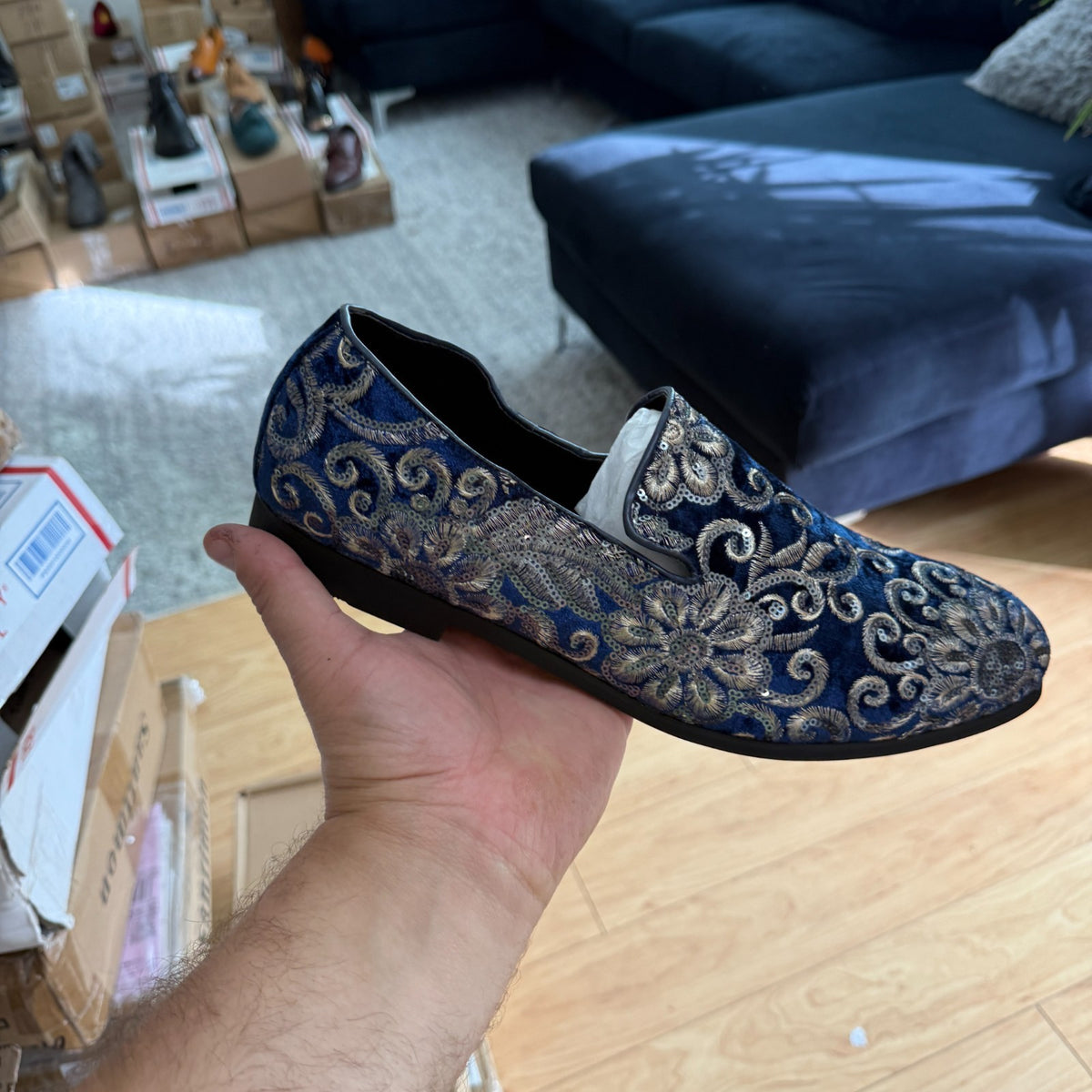 Santimon Men's US 6-12.5 Blue Velvet Silver Stitching Smoking Loafers Shoes