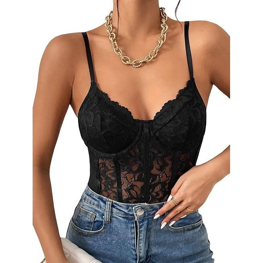 MSRP $39 Milumia Women's M Black Sexy Mesh Lace Bodysuit Spaghetti Strap Busti