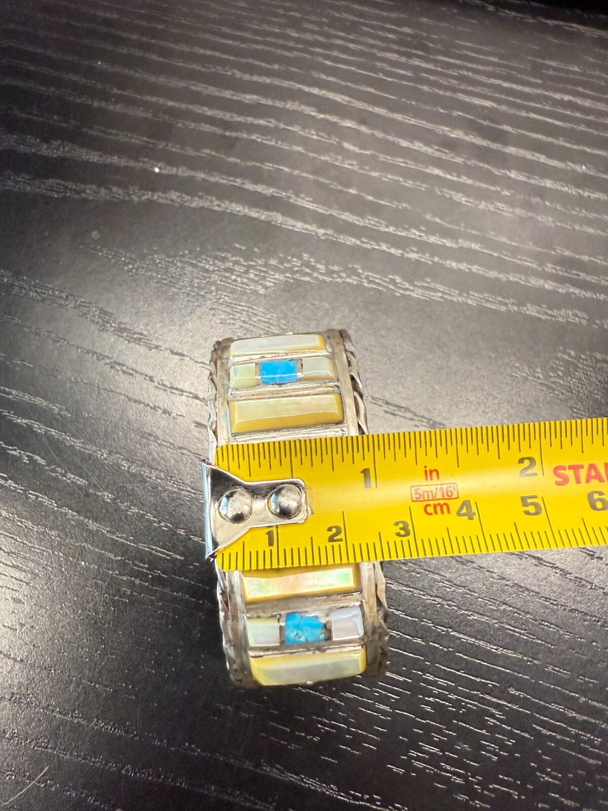 Vintage Navajo Sterling Silver Mother Of Pearl MOP Turquoise Inlay Cuff Bracelet