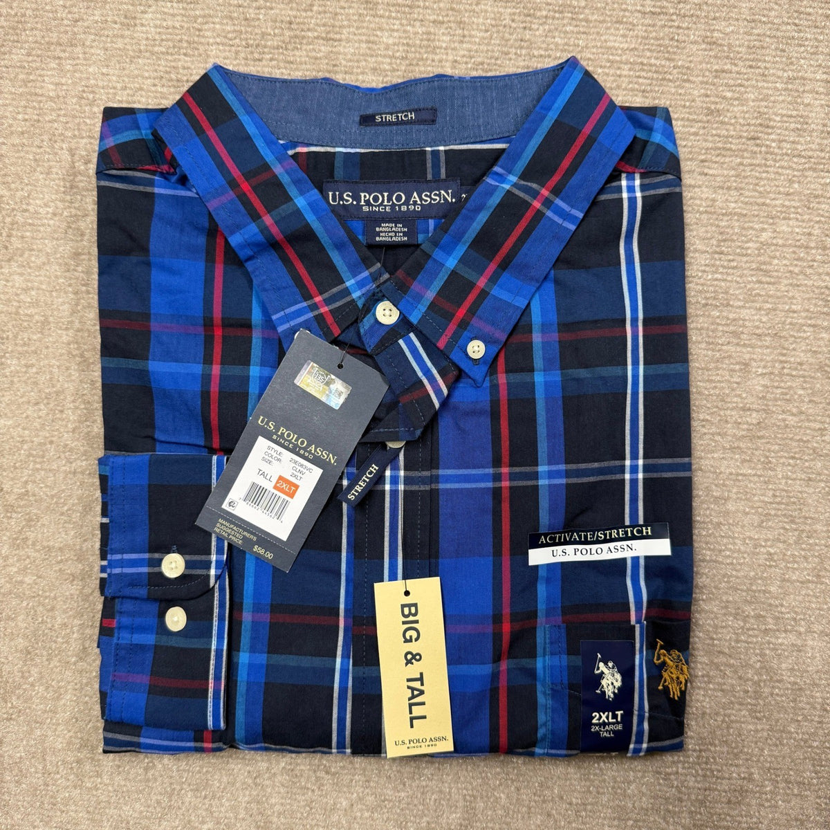 MSRP $58 U.S. Polo Assn. Mens 2XL Tall Classic Navy Plaid Button-Down Shirt Long