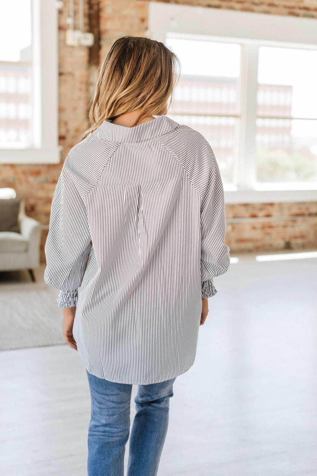 Women's M-2XL Black Smocked Cuffed Long Sleeve Striped Boyfriend Shirt w/ Pocket