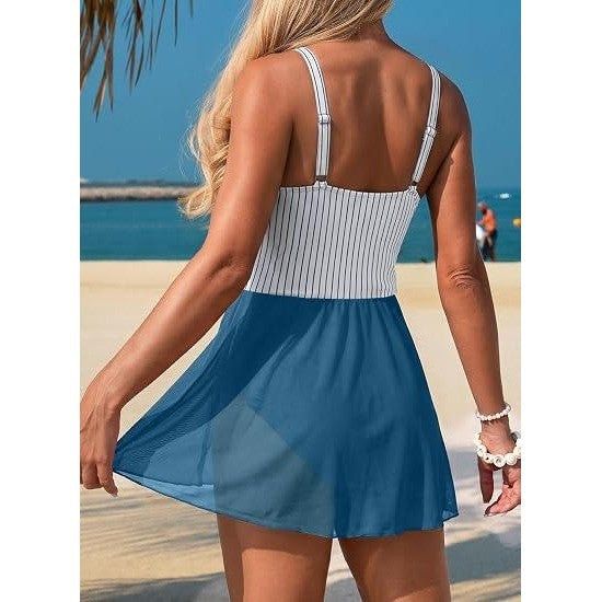 MSRP $36 Aleumdr Womens XL Sky Blue Stripe One Piece Swimdress Swimsuit Tumm